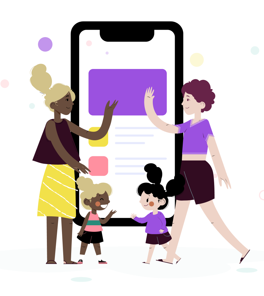 Ilustração de duas mulheres e duas crianças se cumprimentando enquanto há um celular gigante ao fundo